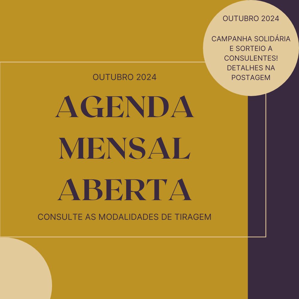 Banner em dourado e roxo, com os dizeres "Outubro de 2024 - Agenda Mensal Aberta - Confira as modalidades de tiragem / Campanha solidária e sorteio a consulentes!"