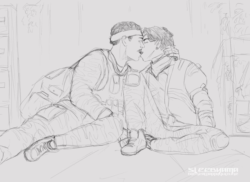 It is a sketch image with a watermark for sleebyama on it.
The image features the character: eli taylor from primitive war (2025)/primitive war the book by ethan pettus kissing an original character (leslie baker) . They are sitting on the floor of what looks like a storage unit or overgrown room within a building. Eli has one hand on the nape of Lee's neck as they  kiss. 