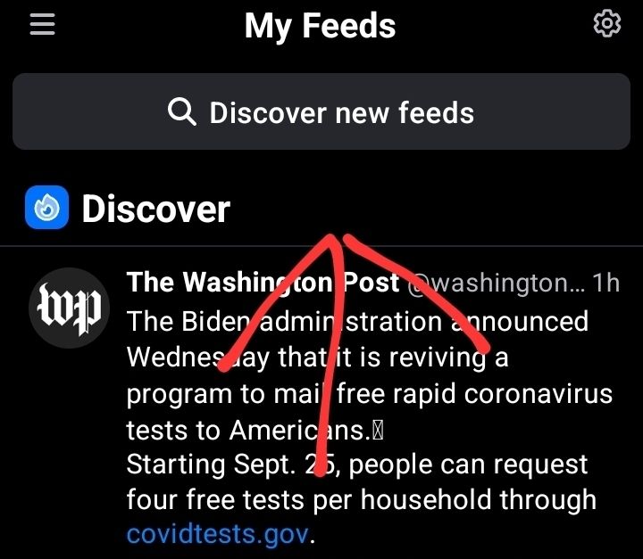 A screenshot of the my feeds search bar with a red arrow point at it