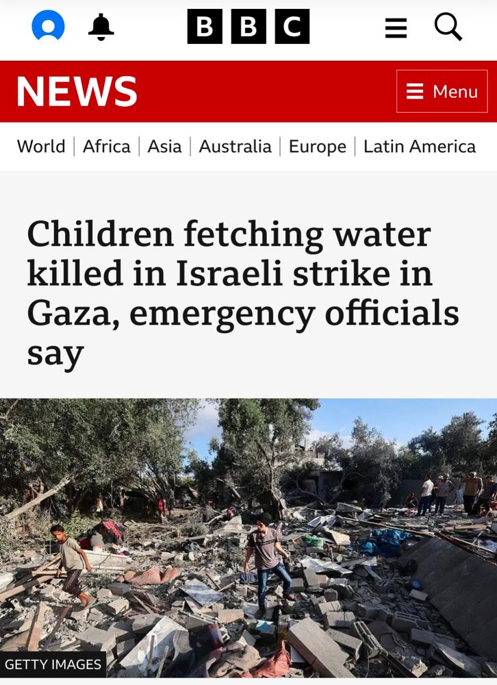 Image of headline on BBC website which says "Children fetching water killed in Israeli strike in Gaza"