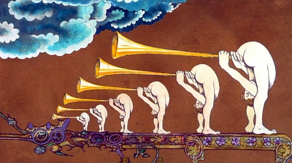 An illustration of six people bent over blowing horns out of their arses