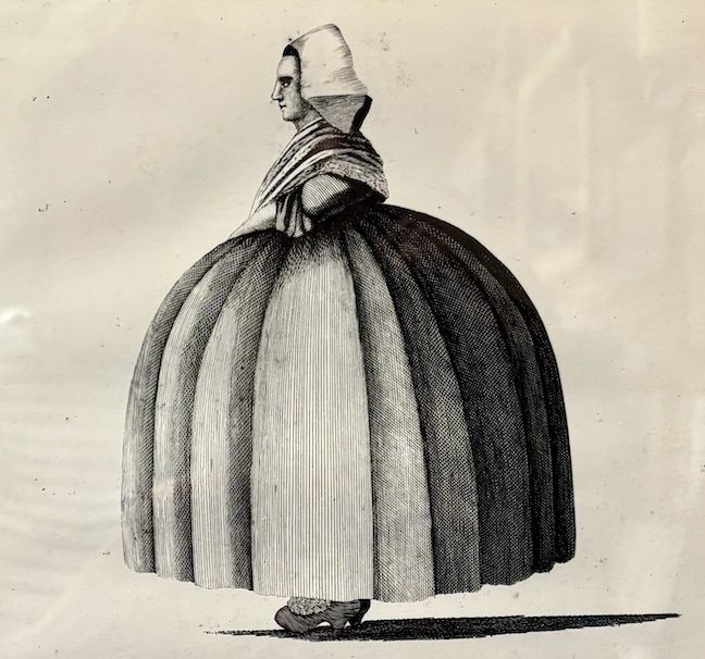 Black and white drawing of the side profile of a woman wearing a very large ballon-shaped skirt. She also has on a shawl and a cloth head covering.