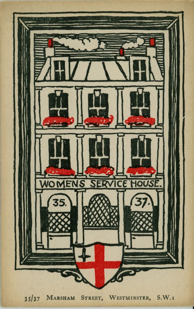 A drawing of Women's Service House in black and red ink.