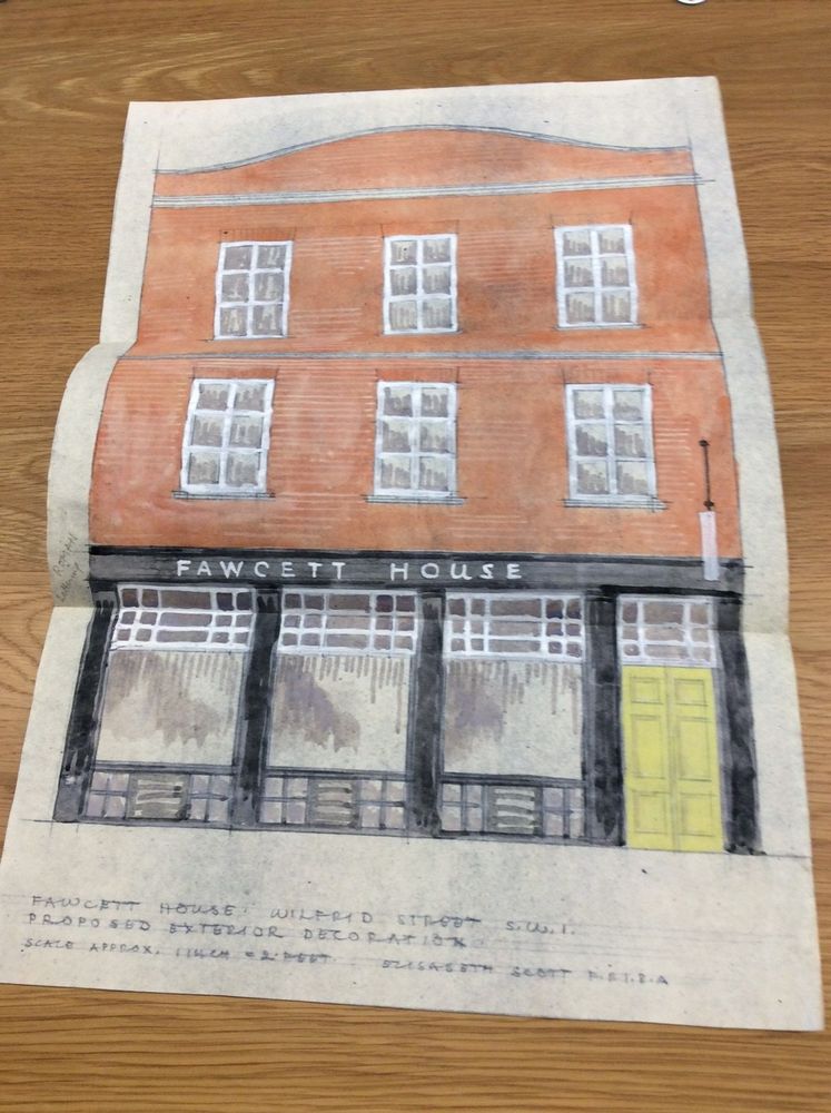 A hand-drawn design for Fawcett House with red brick and yellow doors.