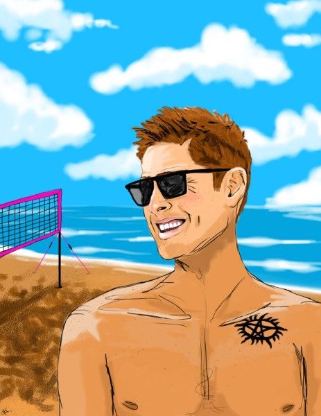 Digital painting of a shirtless Dean Winchester at the beach. Dean is shown only from the chest up, smiling radiantly, wearing black sunglasses. He stands on a sandy beach with a fuchsia volleyball net and a brilliantly blue sky and ocean in the background.