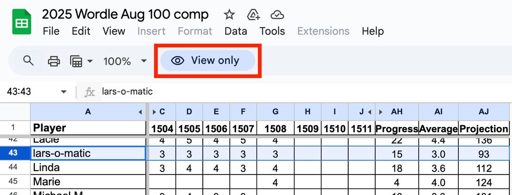 Screen capture of the 2025 Wordle Aug 100 comp spreadsheet in Google Sheets, with the View only status for the current viewer highlighted.