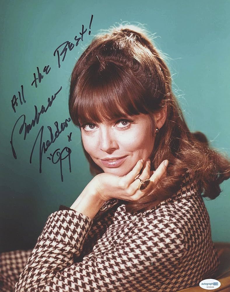 Promotional 1960s-style photo of a pretty actress with long auburn hair, posed smiling chin on hand, wearing a houndstooth jacket. The photo is autographed "All the Best! Barbara Feldon '99'".