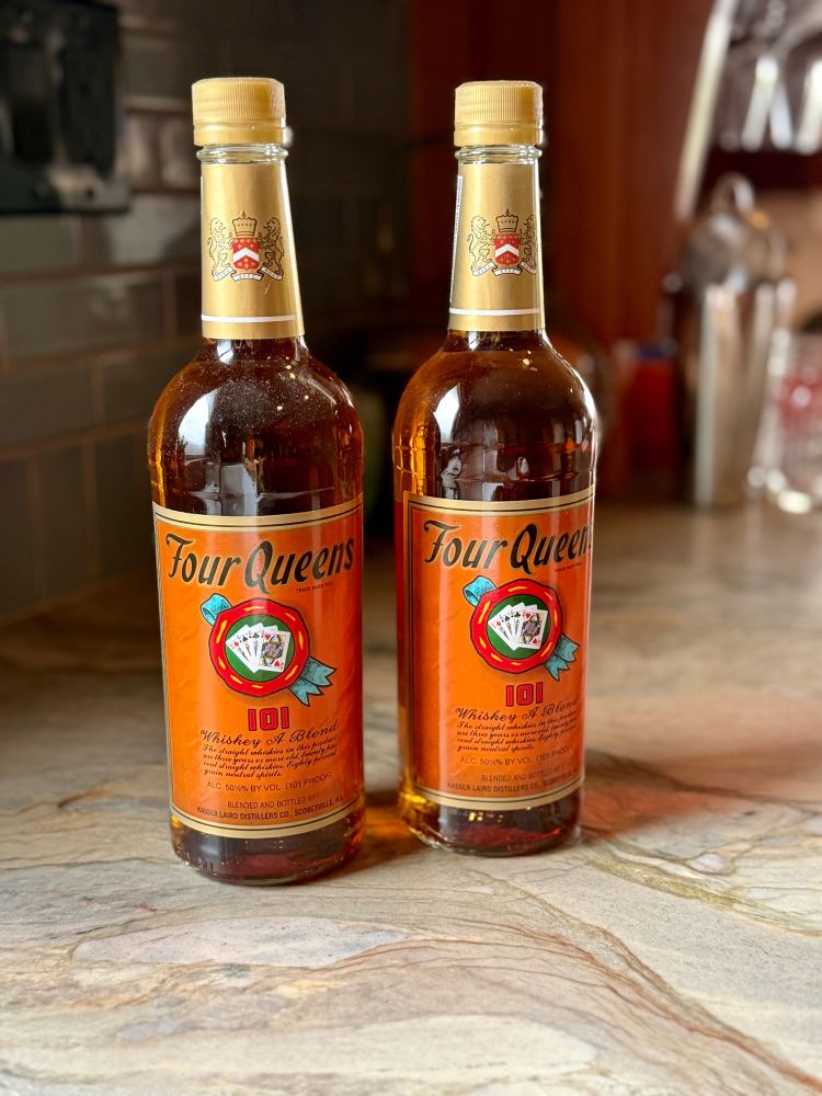 Two bottles of Four Queens whiskey. 50.5% ABV, from Laird’s of apple brandy and applejack fame. I picked up these while visiting family recently. Almost all of it is sold in Pennsylvania coal country, so don’t be surprised if you don’t see it on your local shelf in Iowa or Hannover. Substitute bourbon at 50ish ABV.
