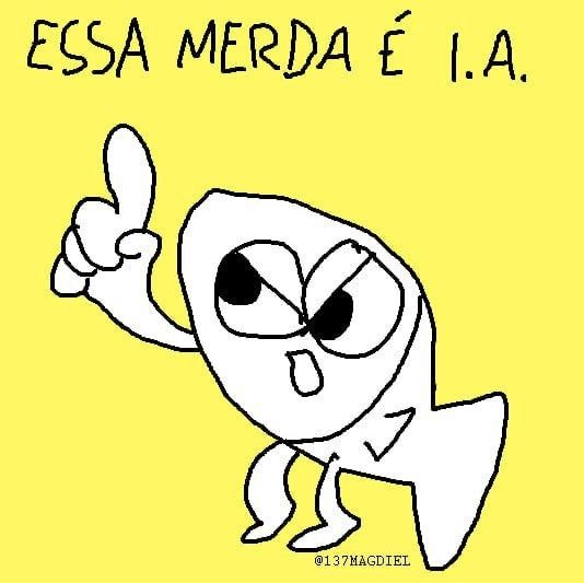 Peixe desenhado sobre fundo amarelo, com olhar bravo e dedo levantado. Em cima, escrito "essa merda é i.a."