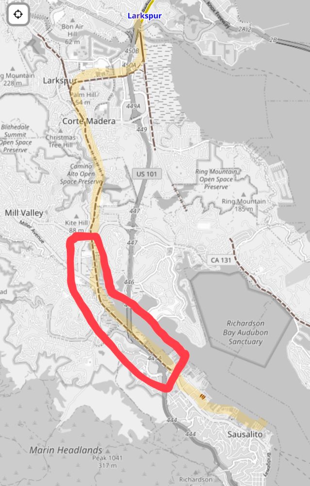 A map showing how SMART could continue south from Larkspur all the way to the Sausalito ferry via the old Southern Pacific ROW. The section from Blithedale to Manzanita is circled, as it's currently at sea level and occasionally floods in very high tides.