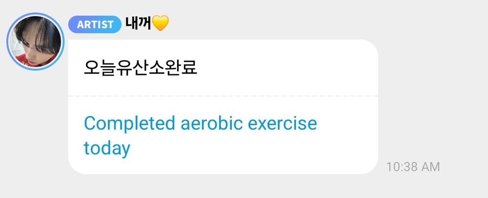 a bubble message from lee know translated using google translate. The translation reads "completed aerobic exercise today"
