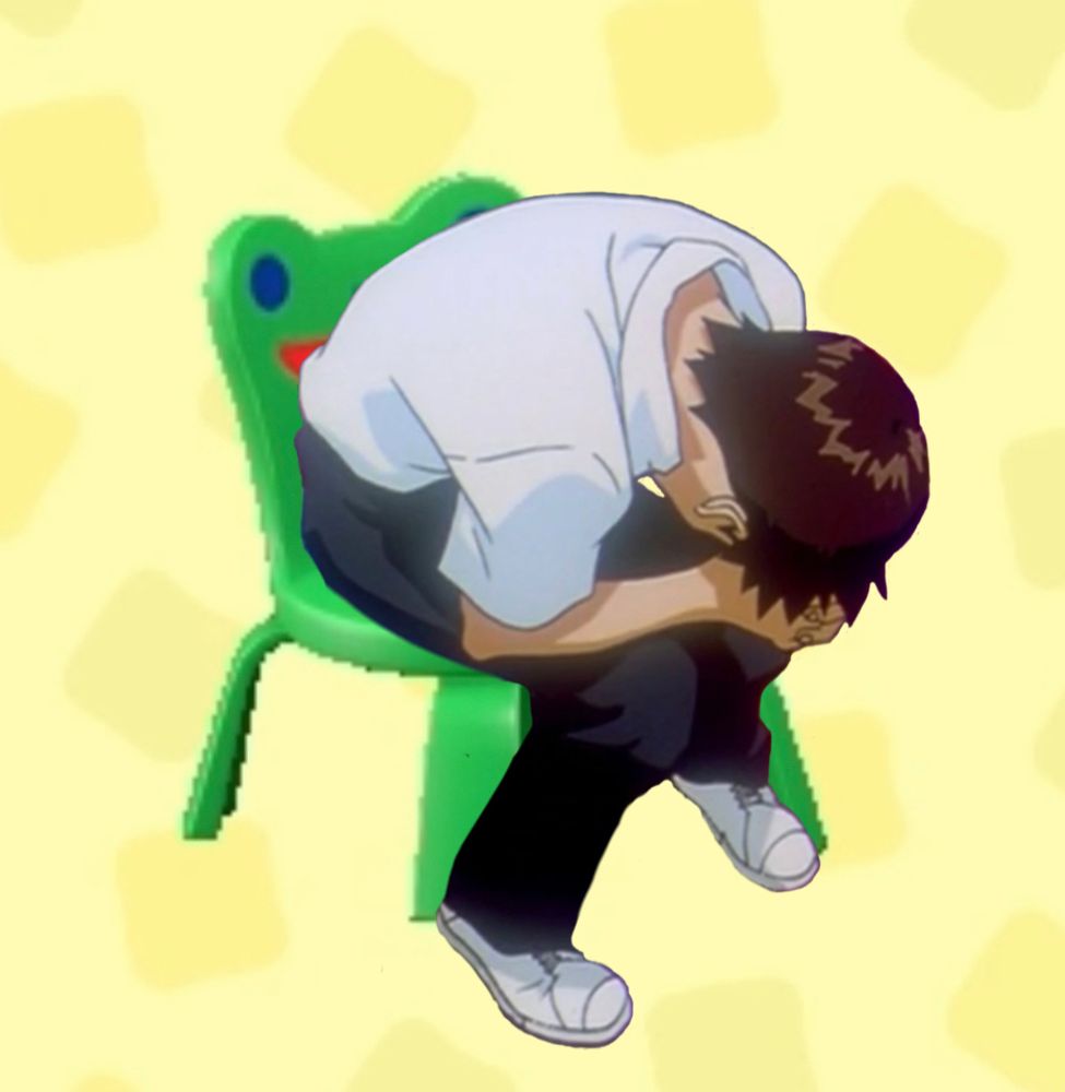 ID: shinji chair meme from evangelion, except sitting in the froggy chair from animal crossing. End ID