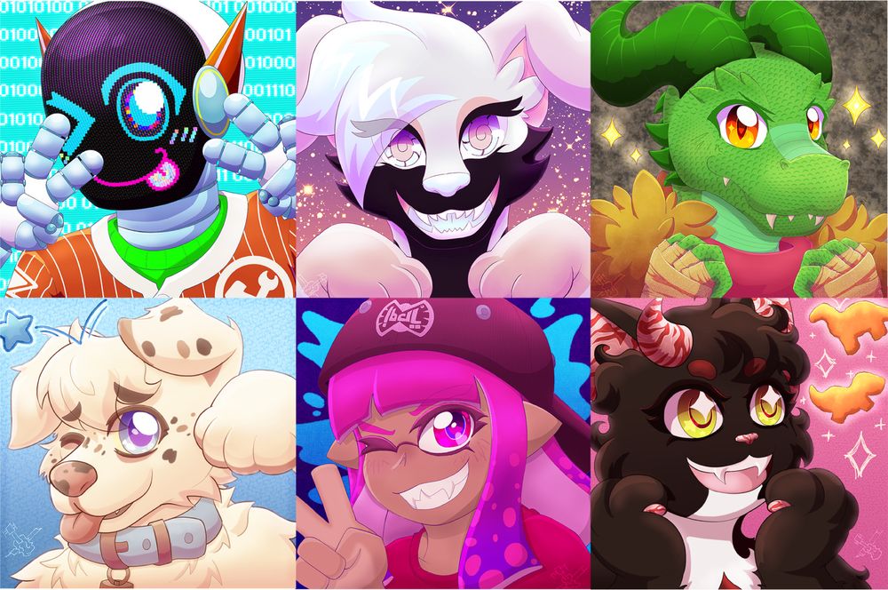 ID: Six icon examples. From top left to bottom right: A silly cyan and orange robot winking a the camera and giving two peace signs. A light pink and dark brown anthropomorphic dog, smiling.. A determined green Kobold with orange eyes and a brown fluffy coat. A forgetful cream and brown dog, bleping at the camera apologetically. A confident tan inkling with pink hair and a backwards baseball cap. And a dark brown and white cat with red horns, daydreaming about chicken nuggets. End ID.