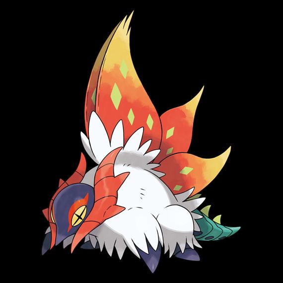ID: Slither Wing from Pokemon Scarlet. It's a fluffy white moth crawling on the ground, with bright orange wings and mandible, and a spiky green dinosaur tail. End ID.
