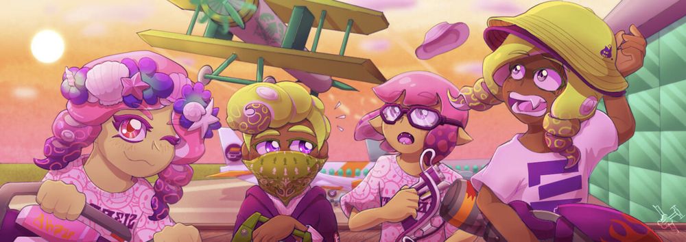 ID: A pink-and-green Splatoon team banner set on Marlin Airport. A green propeller airplane whizzes by in the background. From left to right: An octoling with long curly tentacles, a sea shell flower crown, and a heavy edit splatling. An octoling with a green pompadour, a bandanna around their face, and a sloshing machine. An inkling with short pink hair, glasses and Tetra dualies looking worriedly at the airplane. And an octoling with green curly tentacles and a range blaster, panicking as their hat flies away in the wind. End ID.