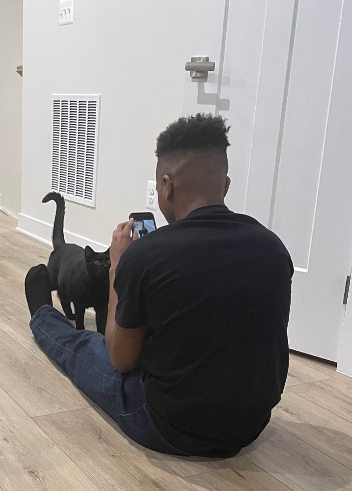 ID: a photo of topic taking the exact picture of my black cat Effy. End ID