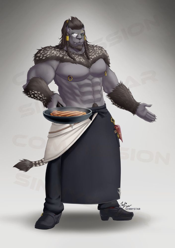 Digital illustration of a player-created Hrothgar culinarian holding a frying pan with cooked steak in it, topless, from the video game Final Fantasy XIV.