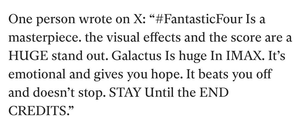 A glowing review of the Fantastic Four movie, that also includes the unfortunate phrase, "It beats you off and doesn't stop."