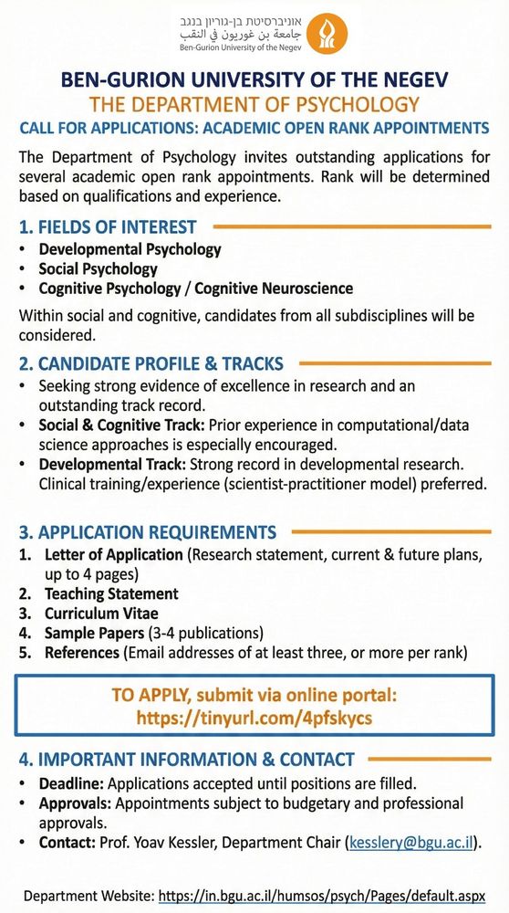 Details for a job application at the Department of Psychology at Ben-Gurion University. All details appear in the following link:
https://tinyurl.com/4pfskycs