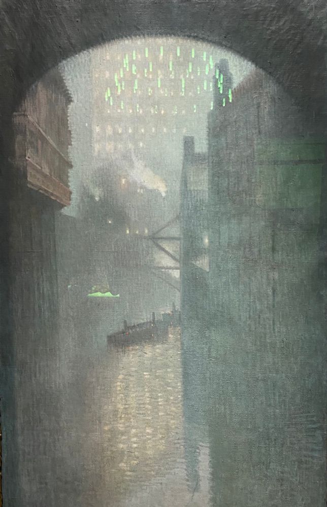 Peinture d’Adolphe Valette intitulée « India House » (1912)

Vue du canal de Manchester, depuis le dessous de l’arche d’un pont qui domine le tableau. On voit le canal avec des barges et des bâtiments au bord. Tout est très gris et très brumeux. 