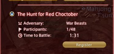 The Hunt for Red Choctober.
Adversary: War Beasts
Participants: 1/48
Time to Battle: 1:31