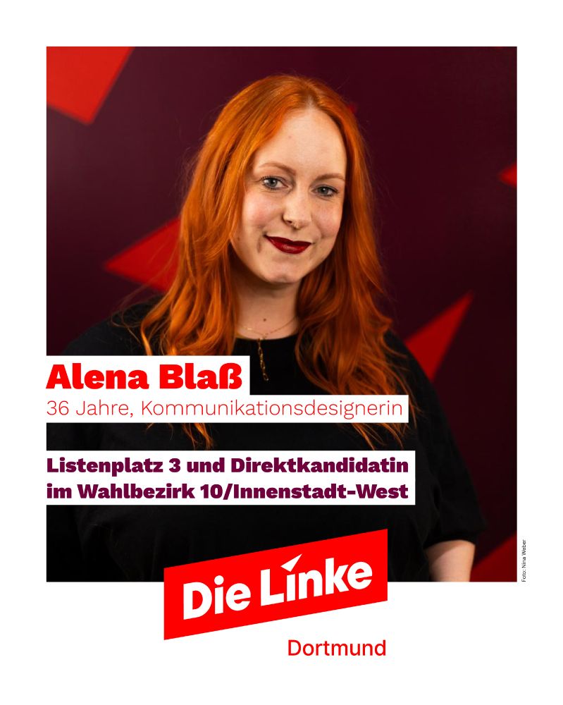 Ein Bild von Alena Blaß (36 Jahre, Kommunikationsdesignerin)
Lila Text: "Listenplatz 3 und Direktkandidatin im Wahlbezirk 10/Innenstadt-West"