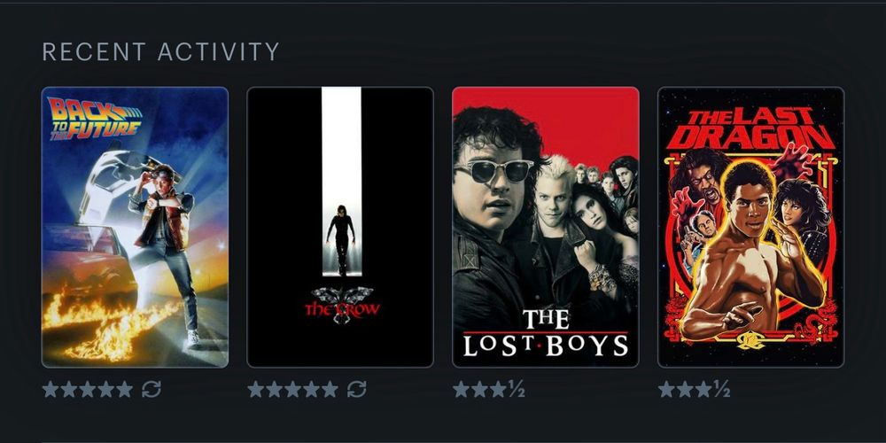 Four movie posters:
The Last Dragon.
The Lost Boys.
The Crow (1994).
Back to the Future.