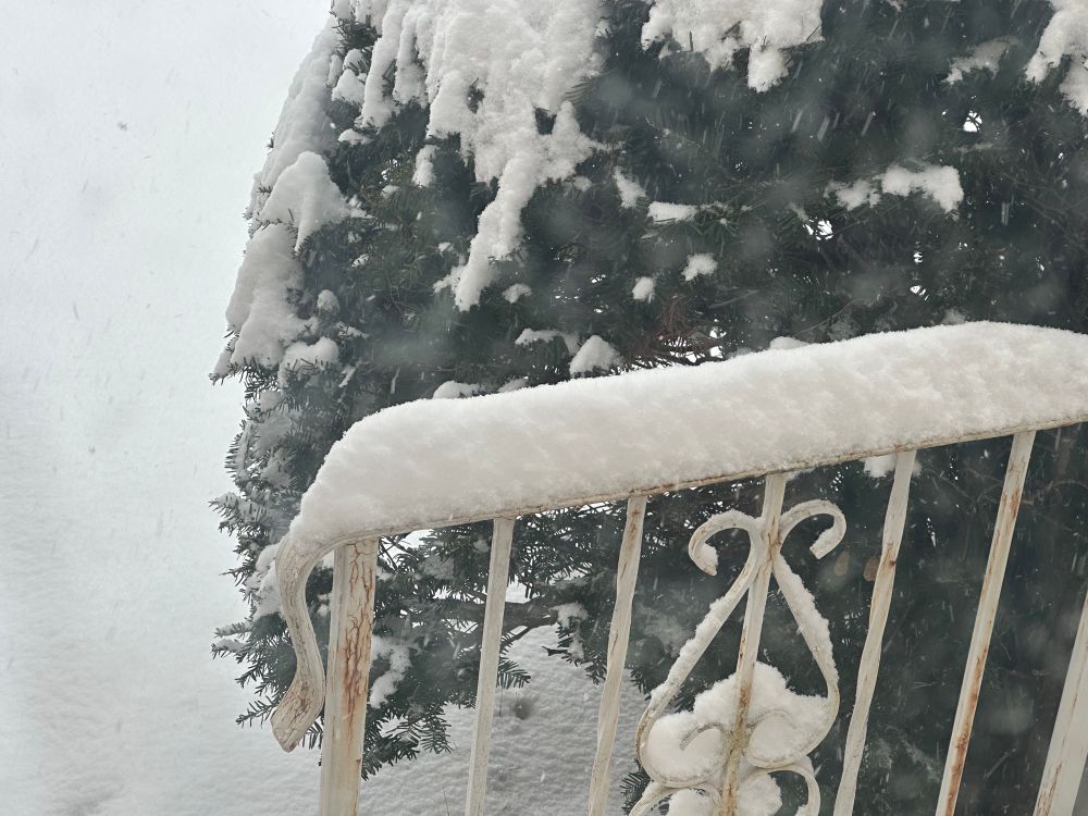 Snow piling up on a railing