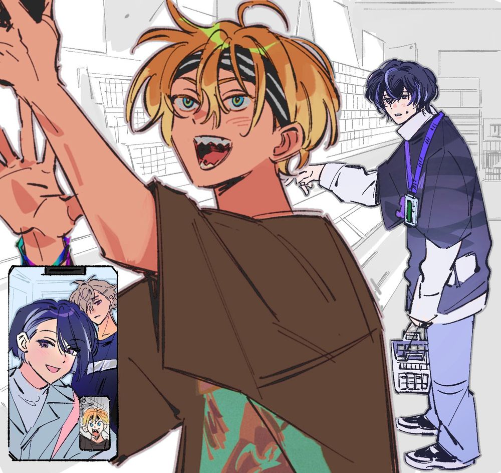 Akuta, with Kiroku in the background, holding a video calling Muneuji and Ushio at an art supplies store.