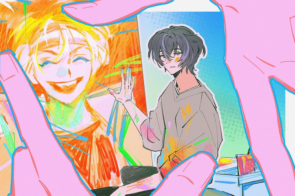 Kiroku sitting by a painting he did of Akuta, and Akuta's fingers framing the two.