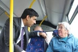 UK Prime Minister Rishi Sunak once again threatening to hook an elderly lady in the gabber, on a bus.