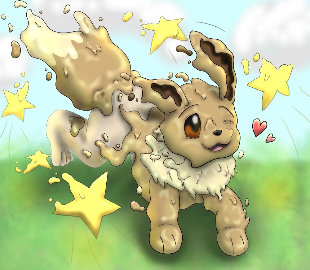 A person is running outside on grass while transforming, head and front two paws already covered in latex. They're surrounded by stars from their own 'Swift' move and seem to be loving it!

Running joyously on all fours as your speed causes the goo to creep over the rest of your unchanged body behind you, leaving rubber paws built for running and playing~

You don't need all the chaos and burdens of your past life any more! Just run! Run while ears glorp out of your head and your body becomes squeakier, rubber paws creaking as you gallop among stars of your own making in a euphoric frenzy~

Tail proudly showing what a good little Eevee you are!! Just keep running! You've never felt more ALIVE than right now, and your synthetic body won't tire any time soon 🤎💛