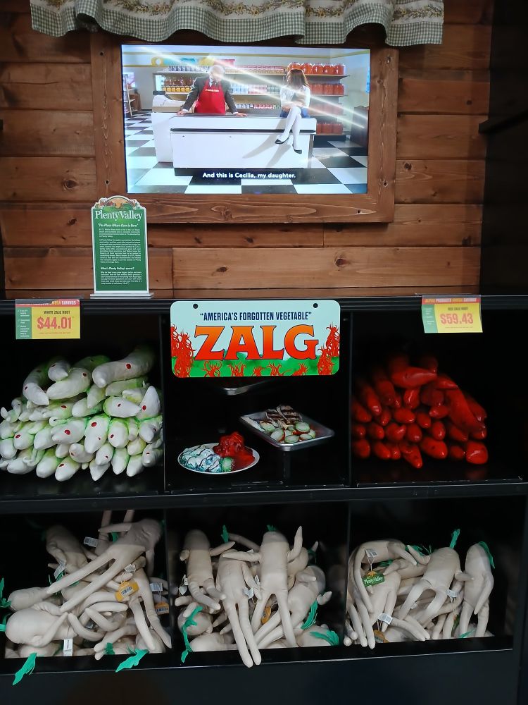 A display of zalg, "America's Forgotten Vegetable," at Omega Mart in Las Vegas. White zalg root sells for $44.01* and red zalg root for $59.43. They look kind of like thick bananas, though the white zalg root has red spots and a greenish tint.

Zalg can be enjoyed grilled, mashed, spiralled, or in-liquid.