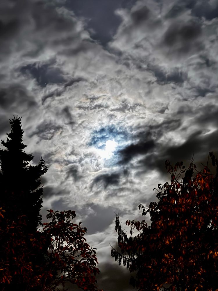Fast volle Mond leuchtet durcz die Wolkendecke 