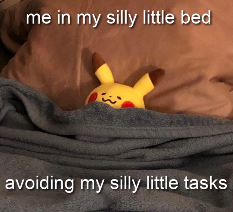 pokemon plushie tucked into bed. captioned 