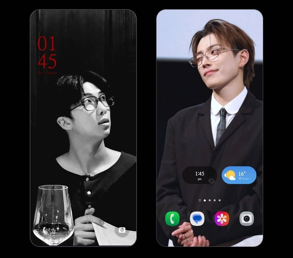Lockscreen photo: black & white photo of Namjoon of BTS in black rimmed glasses sitting and looking to his left and up.
Homescreen: Hongjoong of ATEEZ in a suit and tie, wearing glasses, is looking to his right and down while winking.

It almost looks like an awkward interaction I AM IN LOVE!