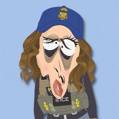South Park’s depiction of Kristi Noem with here face dropping down away from her skull from all the plastic surgery as she’s dressed in an ICE vest.