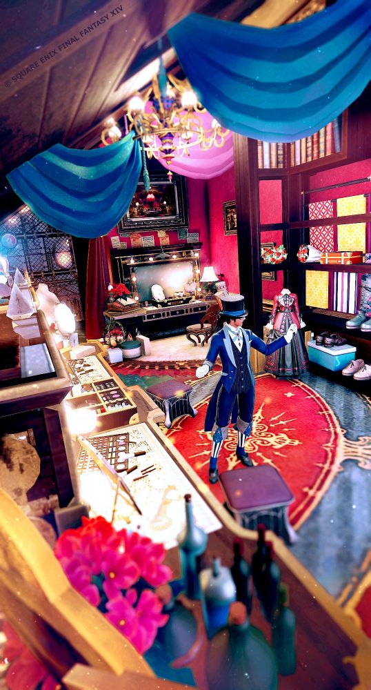 a man in a blue suit and top hat in a brightly colored dressing room