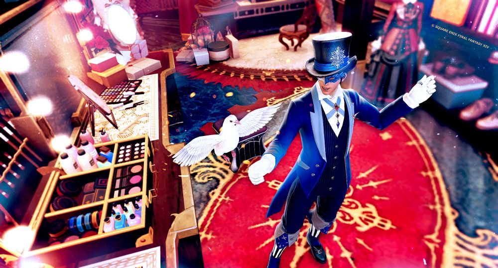 a man in a blue suit and top hat in a brightly colored dressing room. with a pigeon!