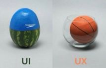 A picture of a watermelon in a speedo swim cap labeled “UI” and another of a basketball in a fish bowl labeled “UX”