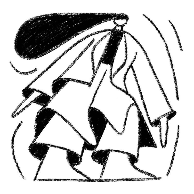 Stylized illustration of a person with flowing clothes  
