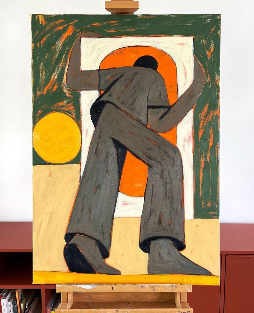 Stylized painting of a man looking or climbing through an opening