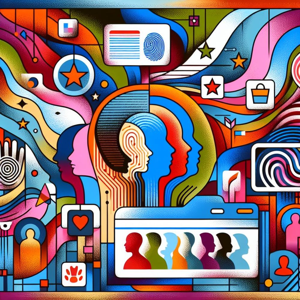 A colourful melange of fingerprints and faces representing identifiers and identity.