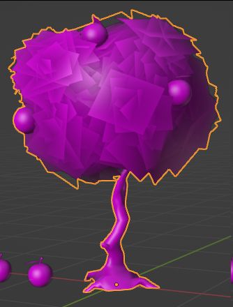 Árbol cartoon lowpoly, sin textura, con color fucsia.