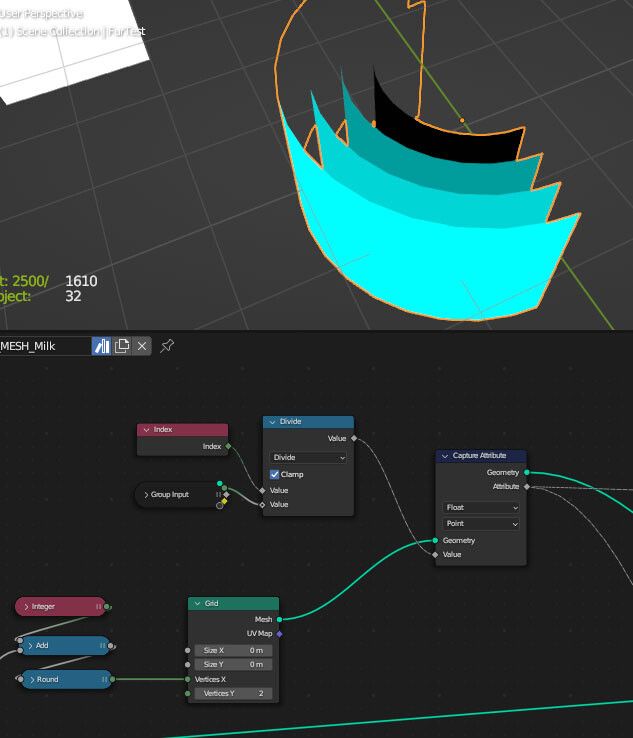 Captura de Blender mostrando el Geometry Node que utilizo para generar las capas de los modelos cuando uso el truco de Fake Fur.