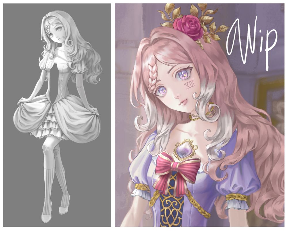 An unfinished drawing of an anime girl with pink hair in a princess dress curtsying