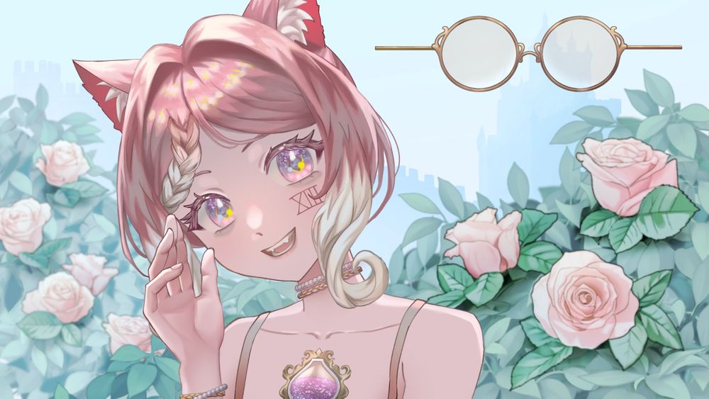 An illustration of an anime girl with pink hair looking at the viewer. It is a portrait with rose bushes and a castle silhouette in the background. The glasses are located in the sky, but will be added to the girl during the animation.