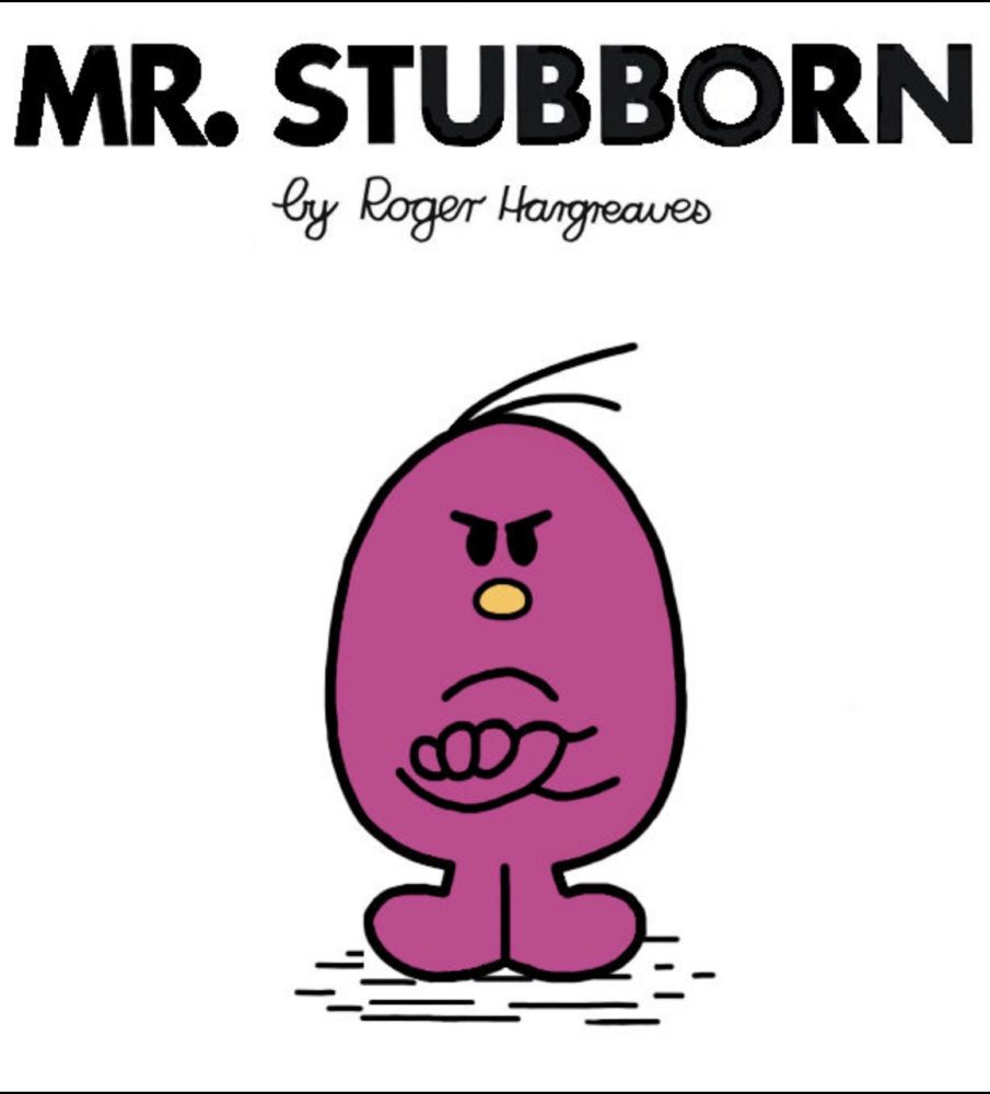 A book cover with a purple man with arms crossed and the words Mr. Stubborn by Roger Hargreaves written on top