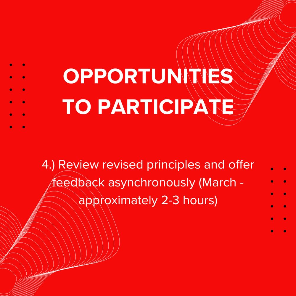 AWAC social media post that reads, “Opportunities to Participate: 4.) Review revised principles and offer feedback asynchronously (March - approximately 2-3 hours)”
