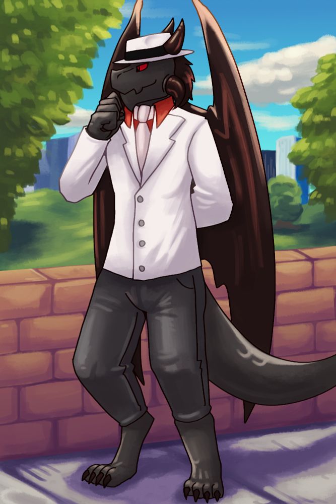 Black dragon with black pants. White jacket and red shirt. Wearing a pink tie. He has big black wings and black tail. He is standing outside by a red brick wall on a pavement. Behind the brickwall is a field of grass and trees. And further beyond are building and skyscrapers.